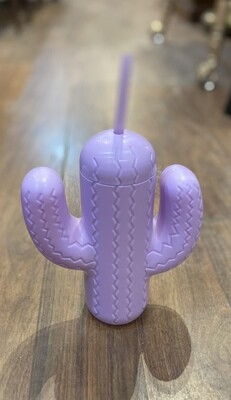 Plastic Purple Cactus Bottle and Straw