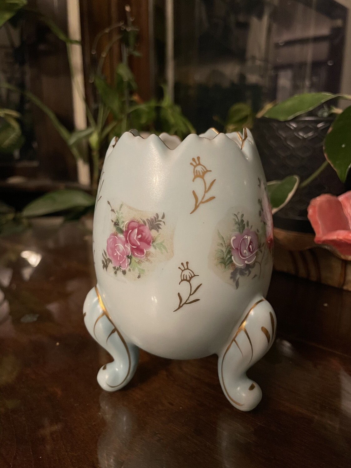 Inarco Egg Shape Porcelain Footed Vase Planter Floral on Pale Blue 5"