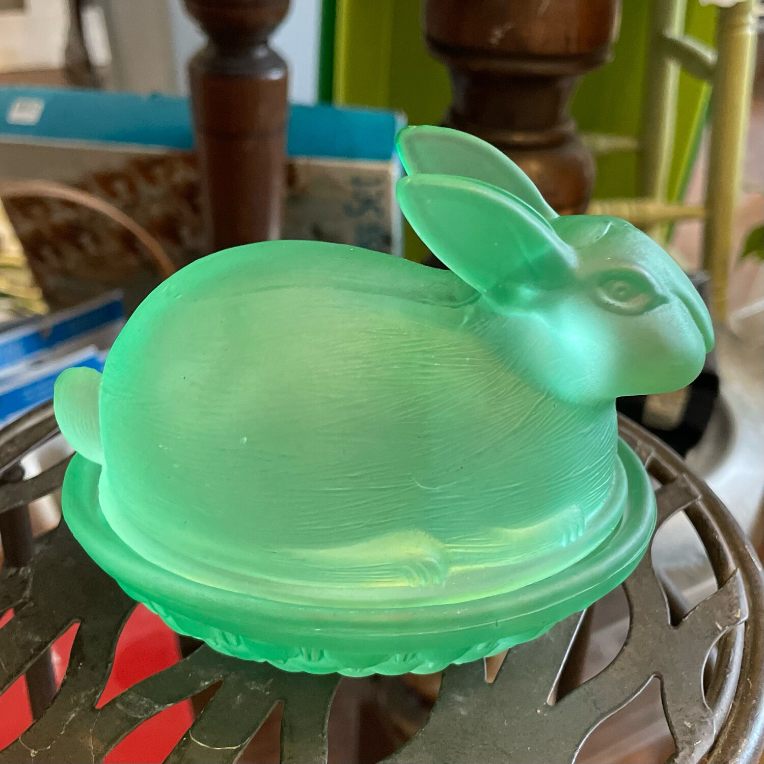 Vintage Green Glass Bunny Covered Candy Dish