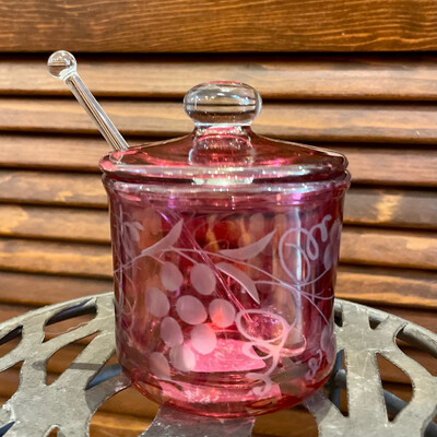 Vintage Etched Cranberry Glass Jam Jar w/Lid and Glass Spoon