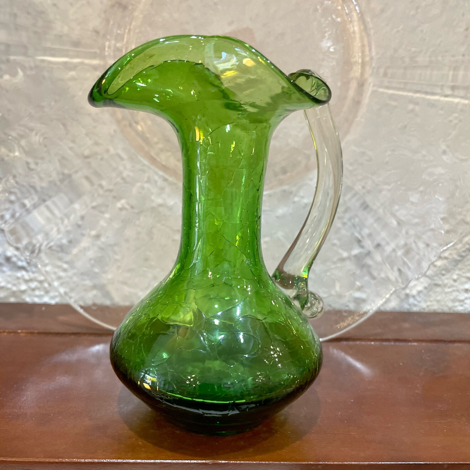 Hand Blown Crackle Green Small Pitcher with Clear Handle 