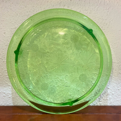 Jeanette Sunflower Green Glass Footed Cake Plate (1930's)