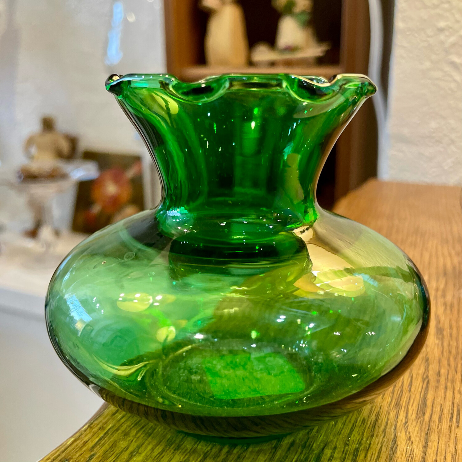 Vintage Anchor Hocking Forest Green Ruffle Glass Vase