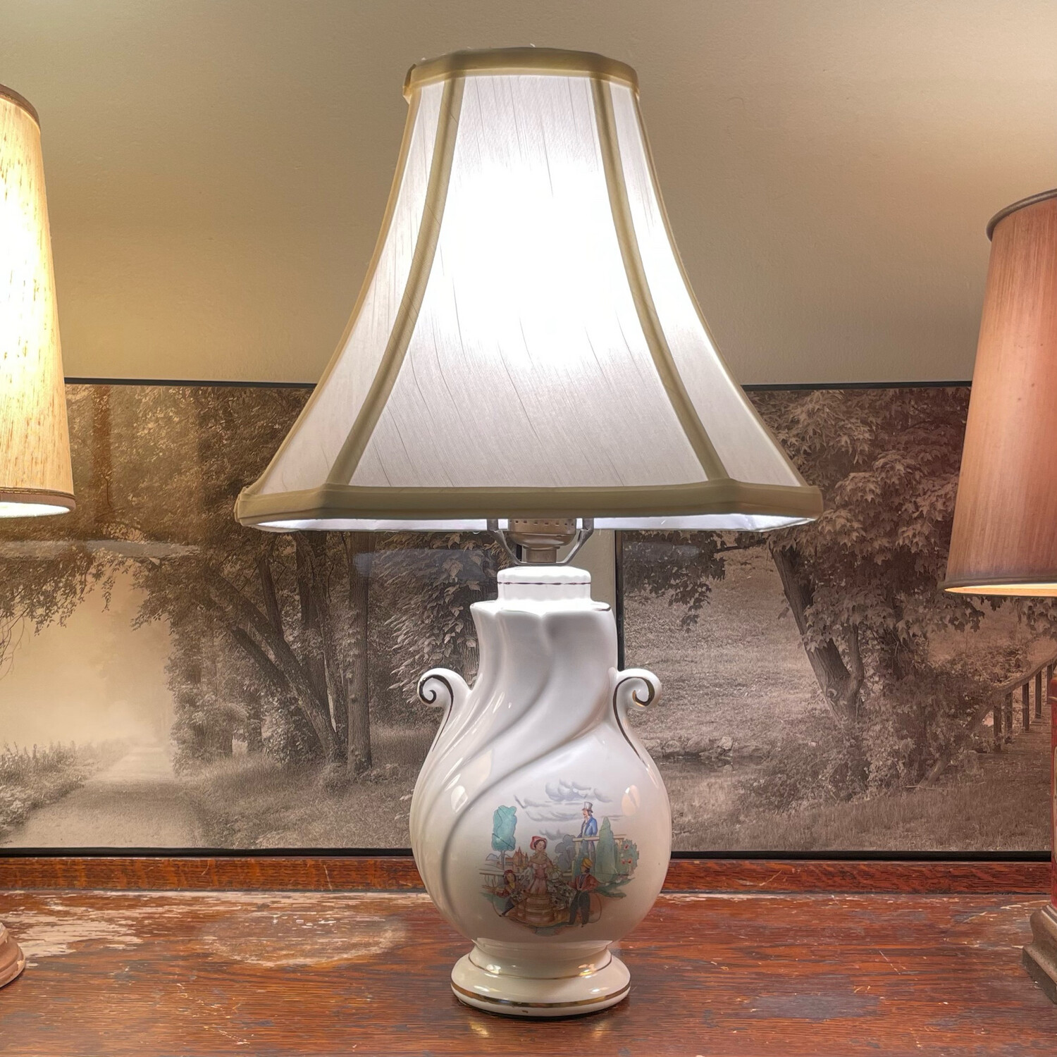 Vintage White Ceramic Desk Lamp w/Colonial Family Scene