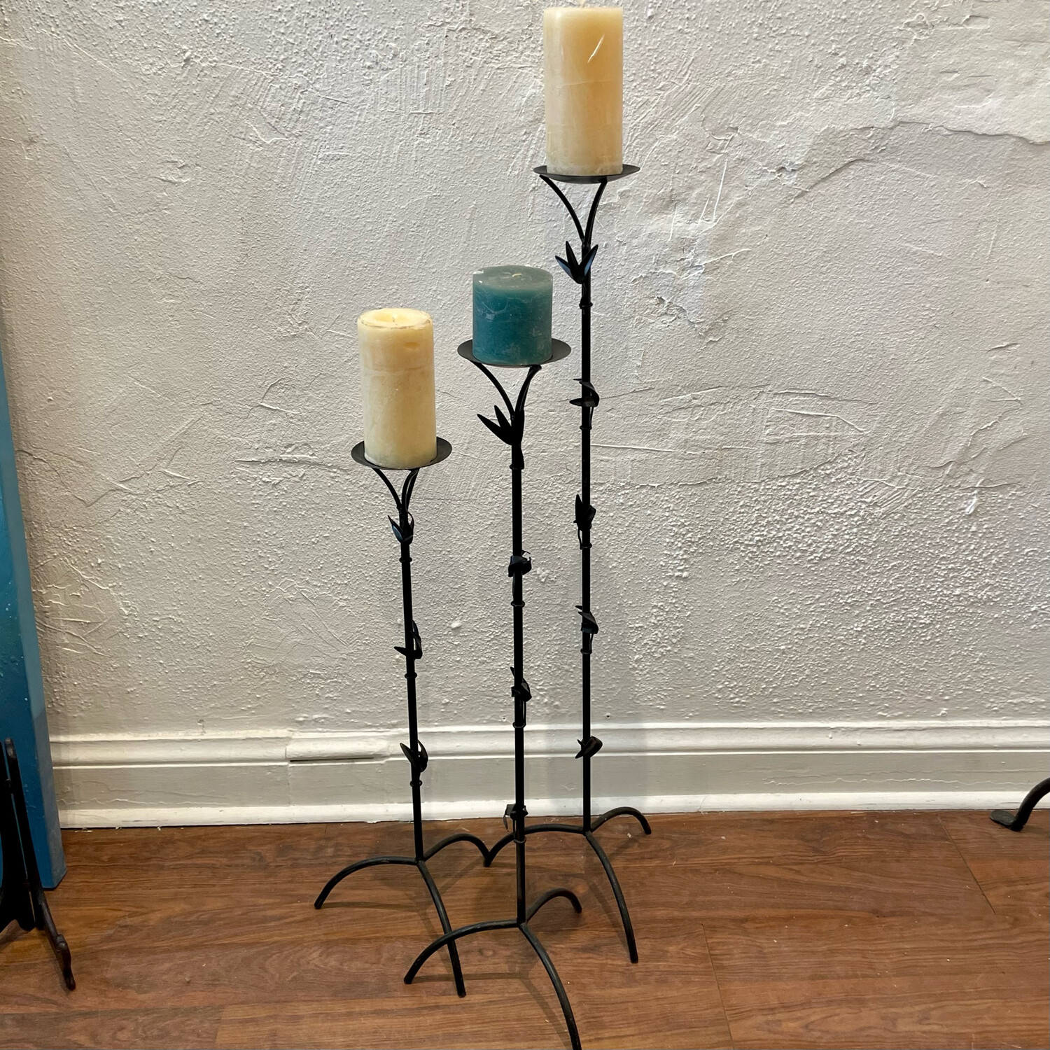 Set of 3 Tall Metal Pillar Candleholders w/ Leaf Decor