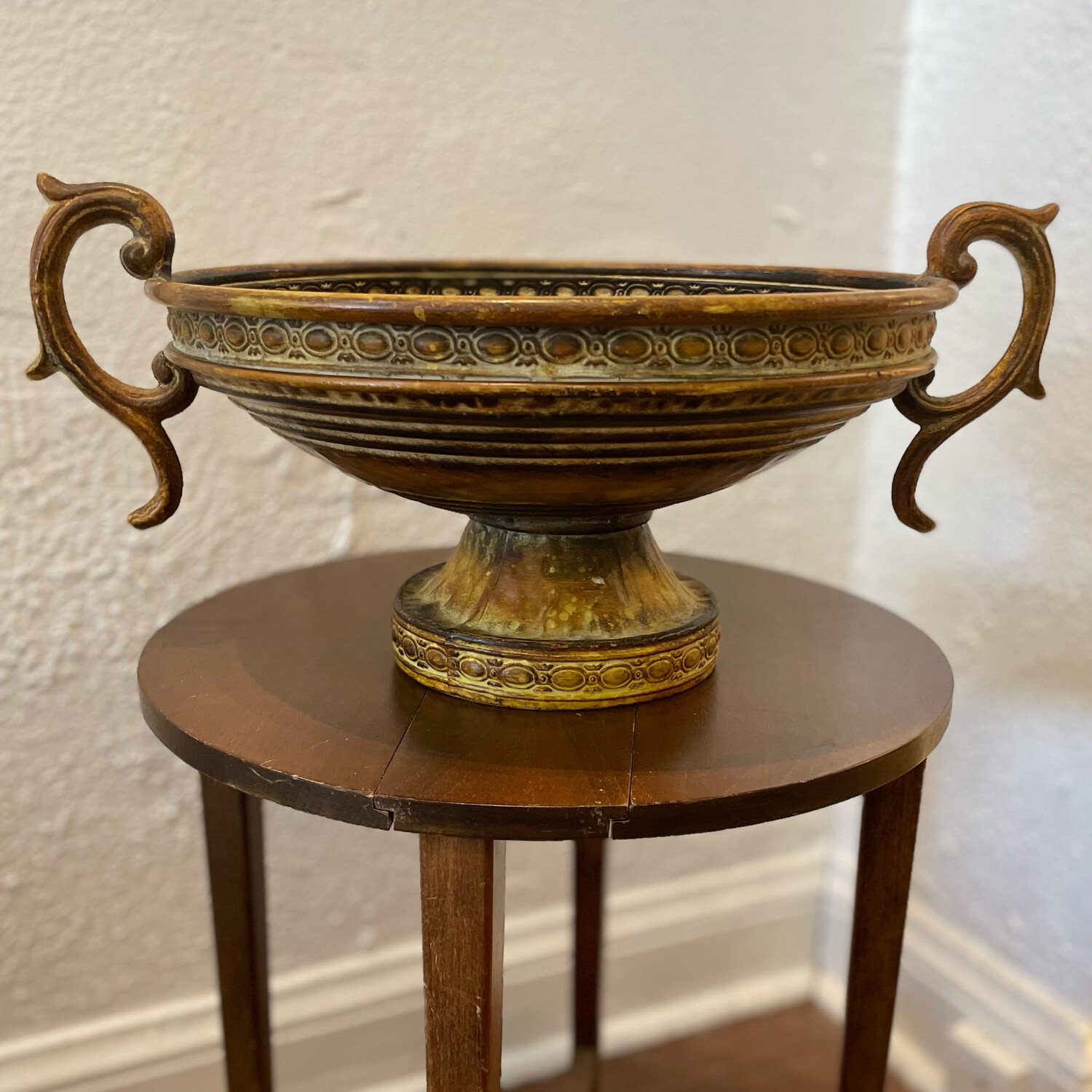 Grecian Inspired Ornate Metal Handled Pedestal Bowl