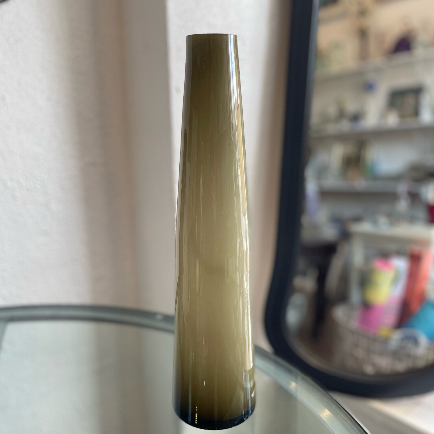 Cased Olive Green and White Narrow Glass Vase 16”