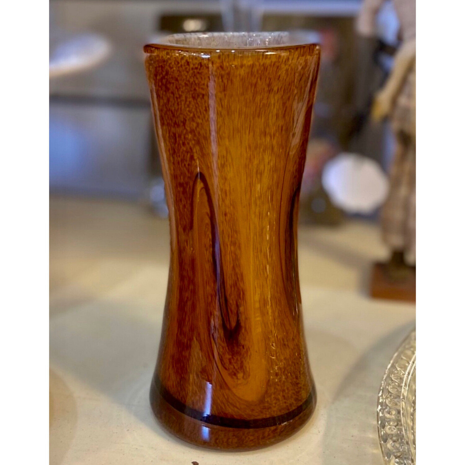 Hand Blown Art Glass Brown and White Vase
