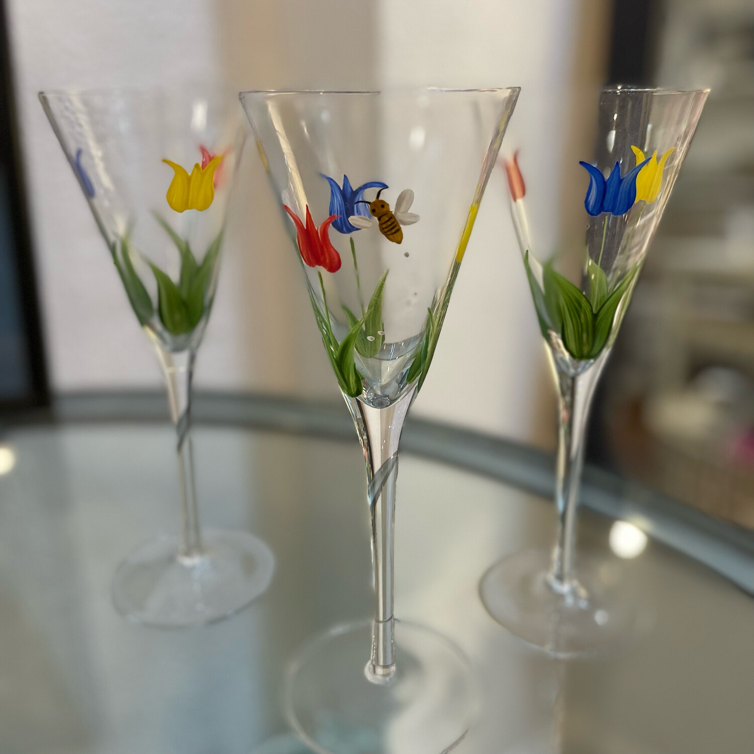 Hand Painted Tulips & Bees Stem Glasses - set of 3