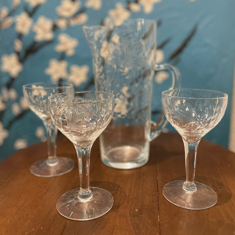 Etched Floral Glass Pitcher &amp; Stem Glass Set