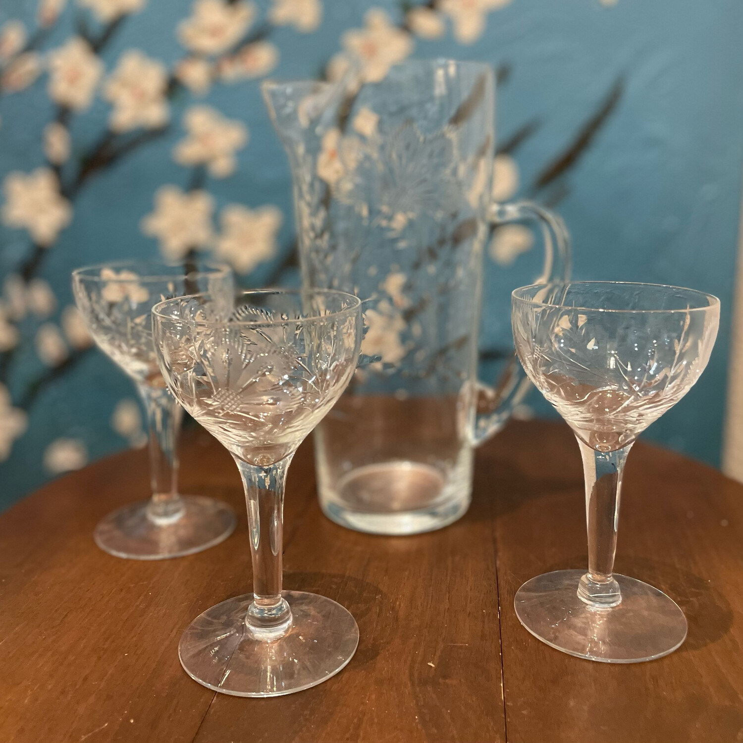Etched Floral Glass Pitcher & Stem Glass Set