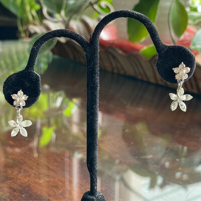 Silver and Rhinestone Dangle Flower Burst Earrings 1 1/8” 