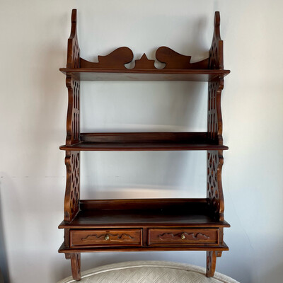 Vintage Chinese-Chippendale Style 3-Tier Curio Wall Shelf w/ Double Drawers