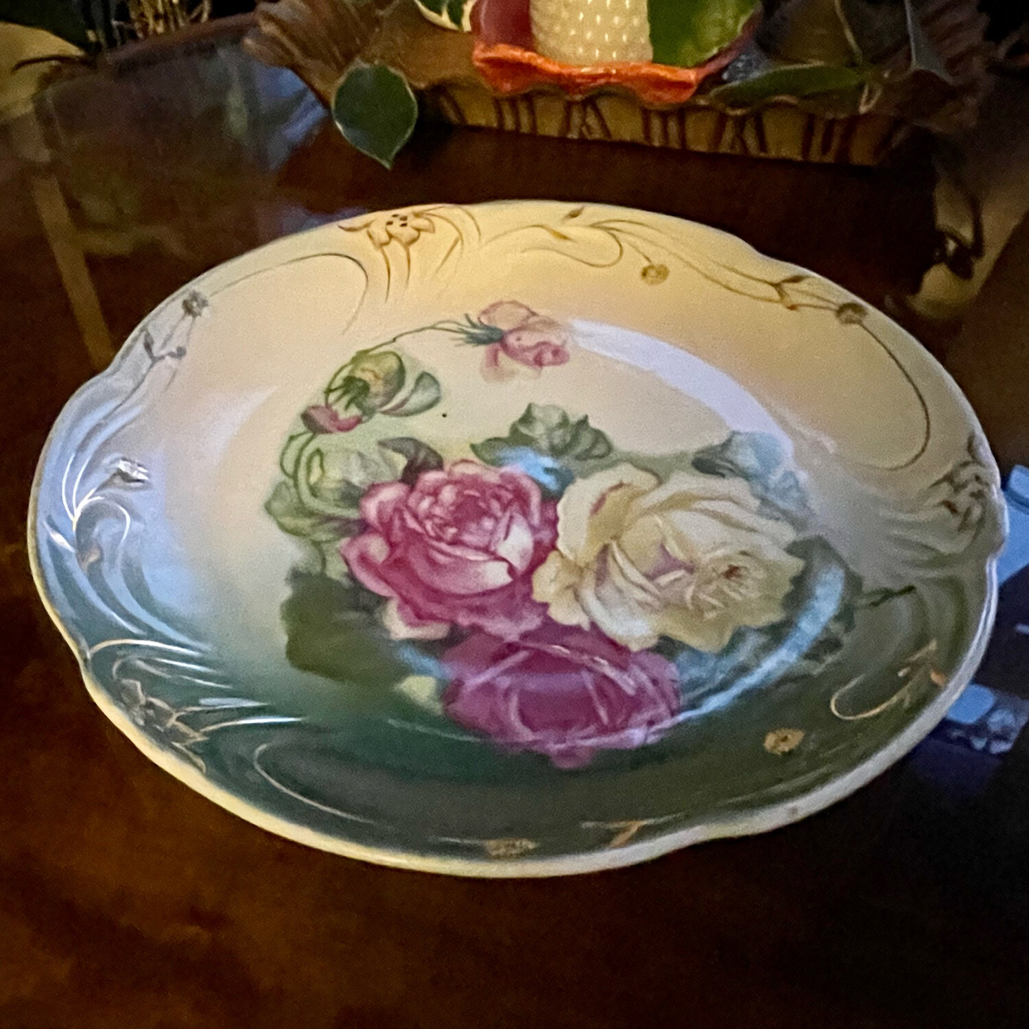 Antique Porcelain Plate/Platter w/Floral Transferware and Hand Painted Detail w/wth Gold Accents 