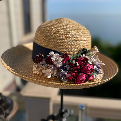 Talbots Straw Hat With Navy Ribbon and Flower Spray Accent