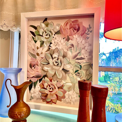 Framed Floral Fabric Paint Enhanced Art