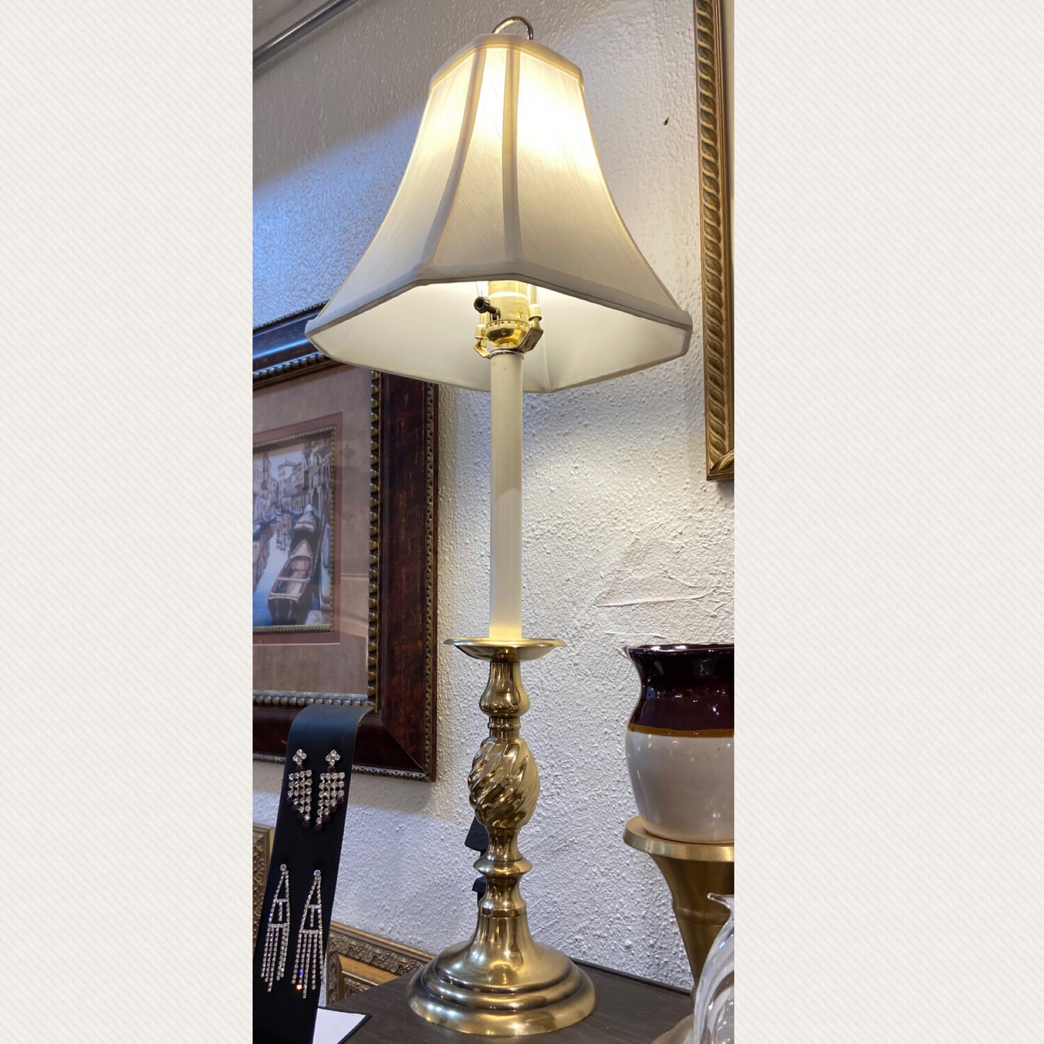 Tall Brass Candlestick Style Lamp w/ Swirl Accent