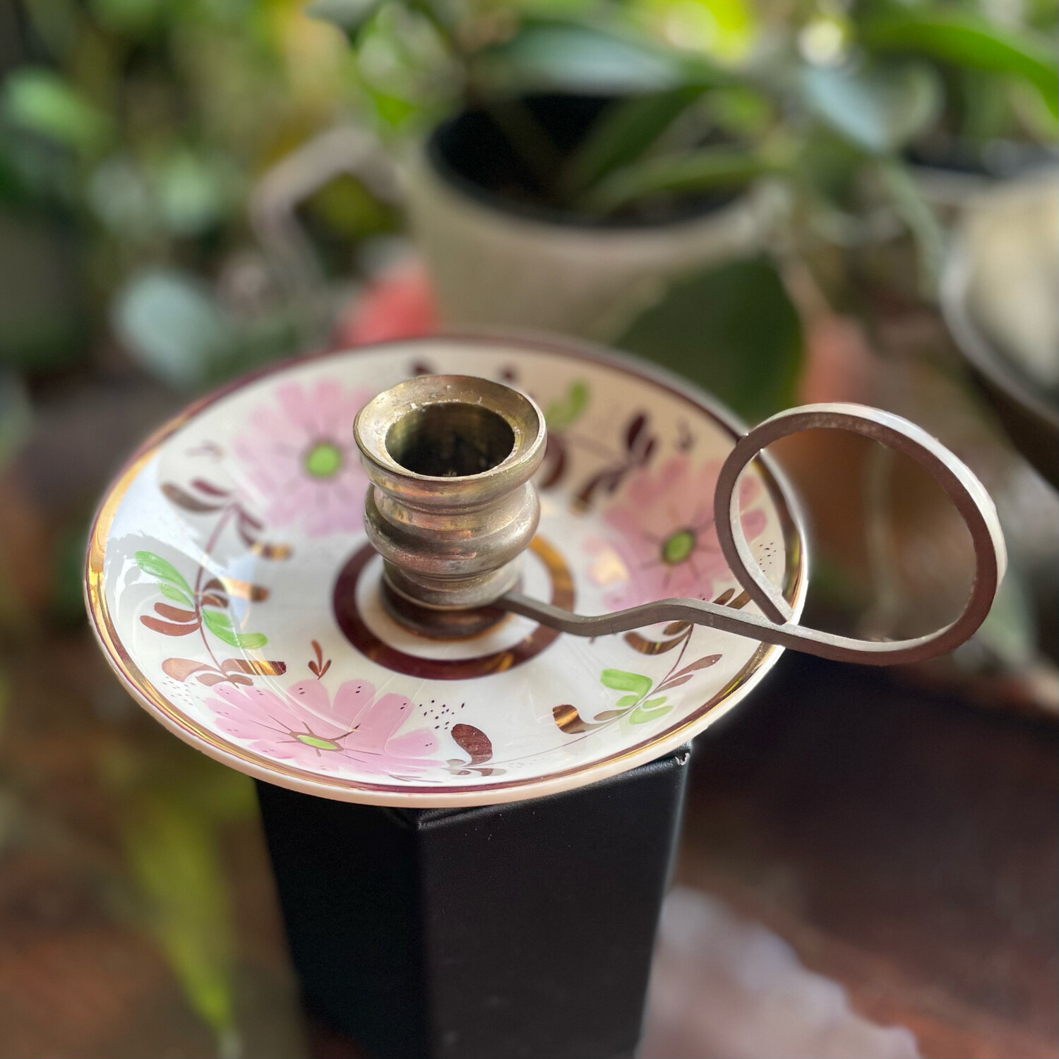 Antique Pink Flower Porcelain and Brass Candle Holder