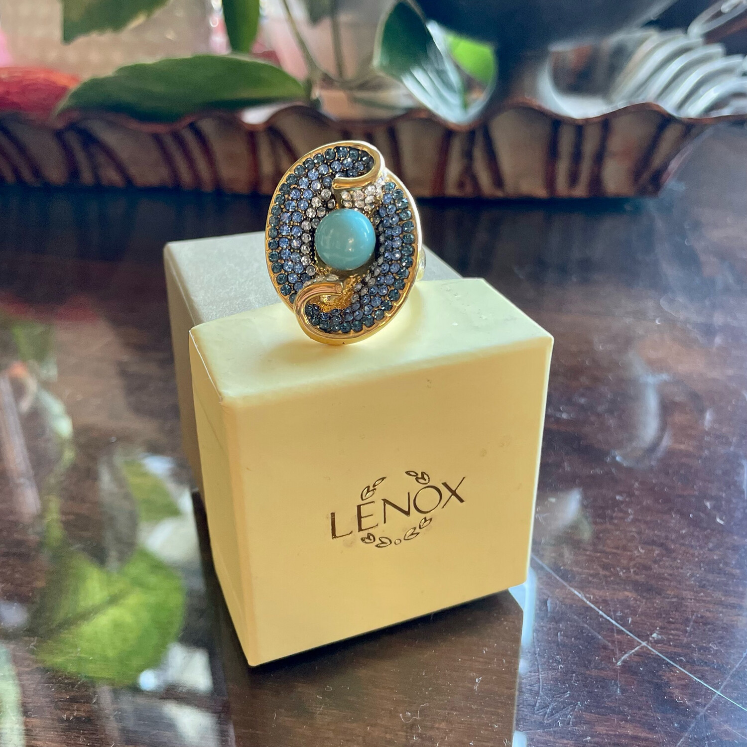 Lenox Rhinestone and Turquoise and Gold Tone Statement Ring 