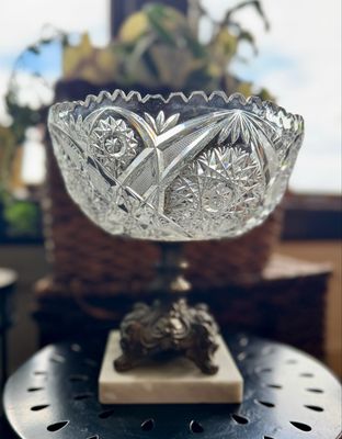 Crystal Bowl on Brass and Italian Marble Pedestal