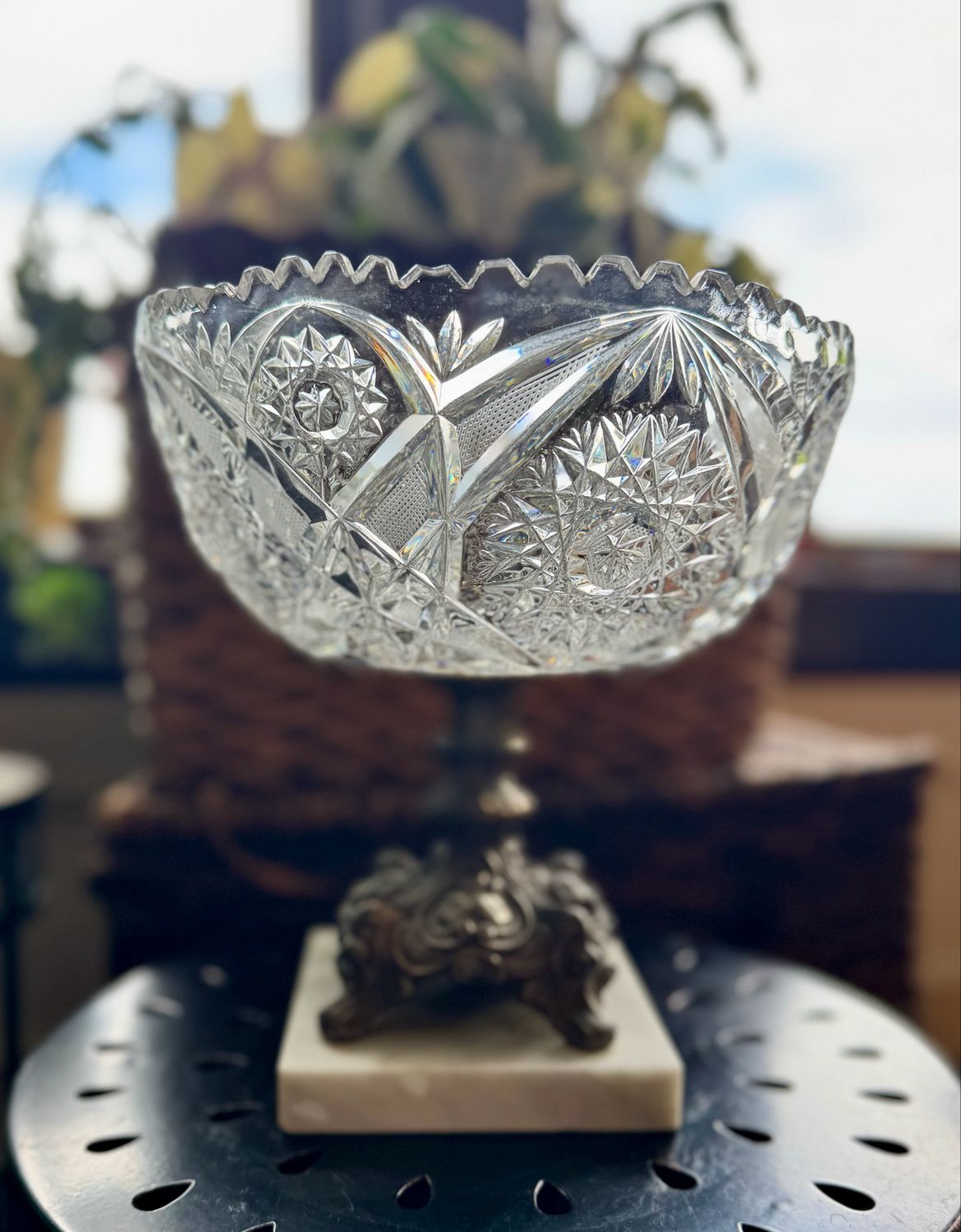 Crystal Bowl on Brass and Italian Marble Pedestal