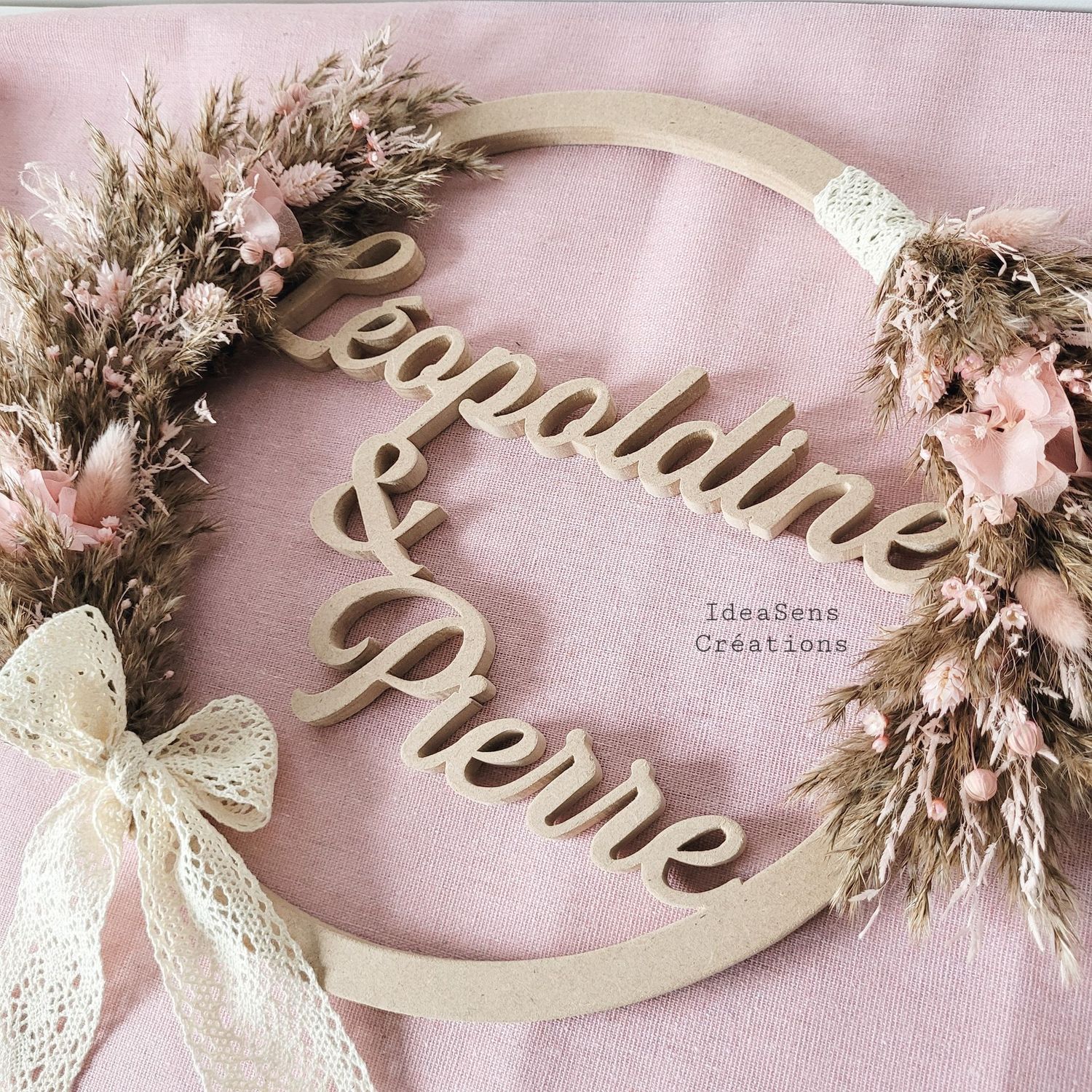 Cercle personnalisé deux prénoms Brun Naturel & Rose