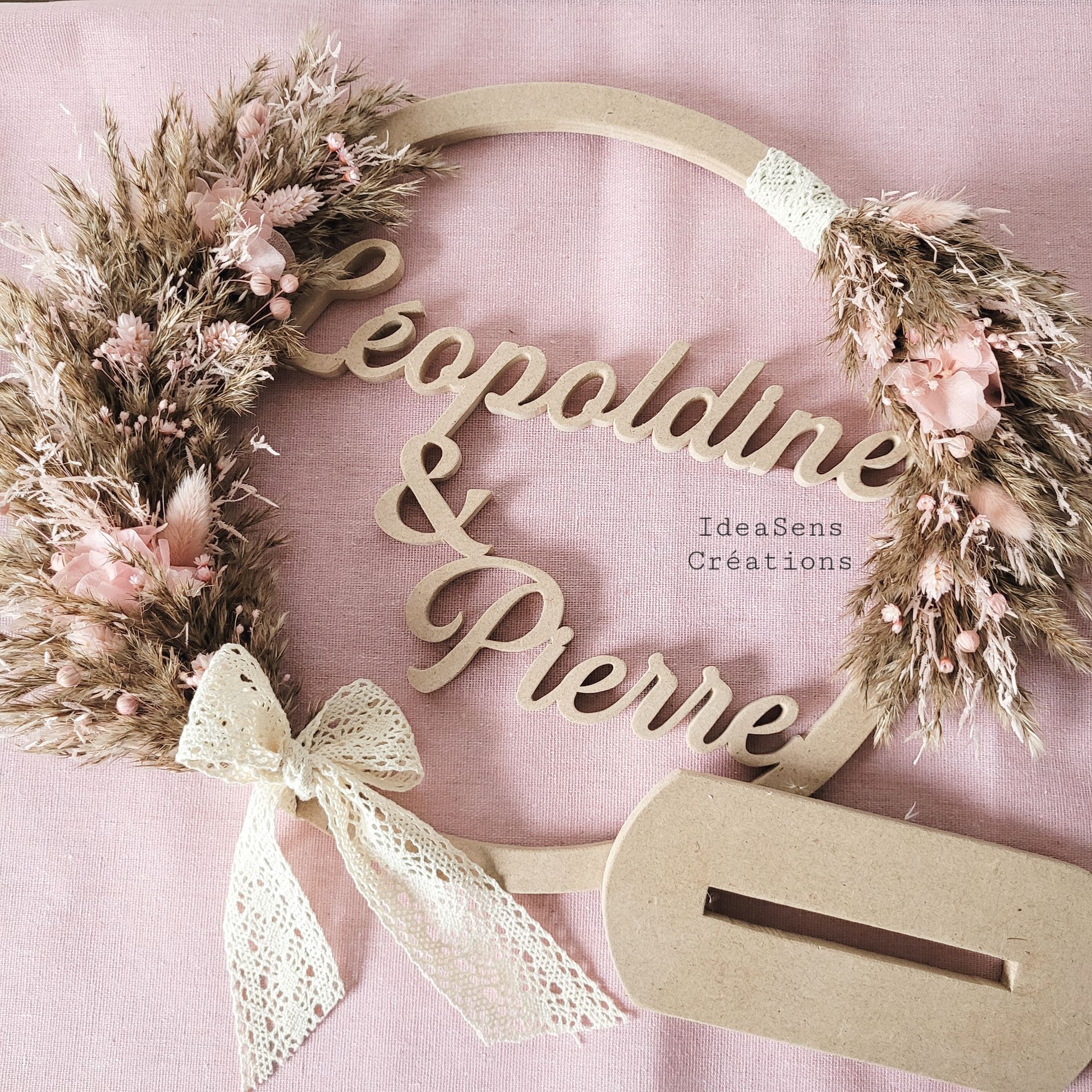 Cercle personnalisé deux prénoms Brun Naturel & Rose