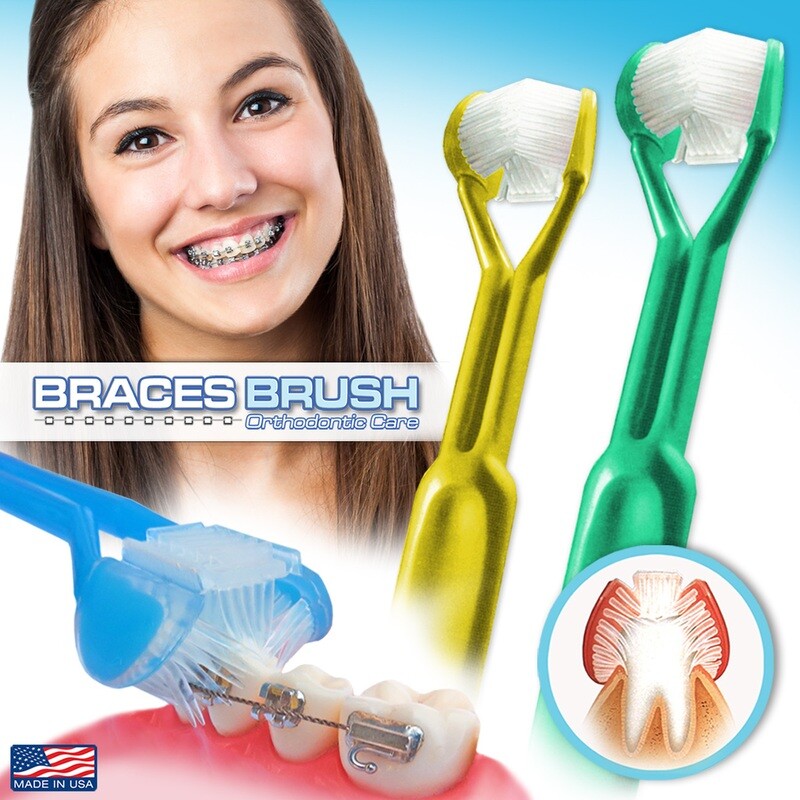 2-PK | DenTrust 3-Sided Braces Brush | The Only Toothbrush Clinically Proven Better for Orthodontic Brackets | Easily Brush Better & Prevent Gum Disease | Tongue Scraper for Fresh Breath | MADE IN USA