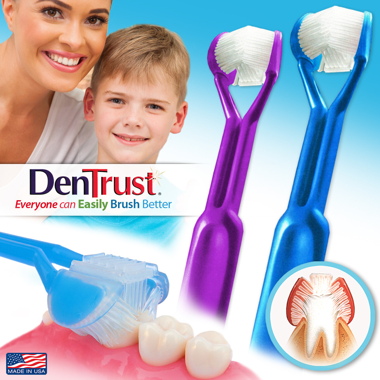 2-PK | DenTrust | The Only Child-Safe 3-SIDED Toothbrush | Made in USA | Easily Brush Better | Clinically Proven | Fast Easy & More Effective for Youth Teens Children Child Special Needs Autism Braces