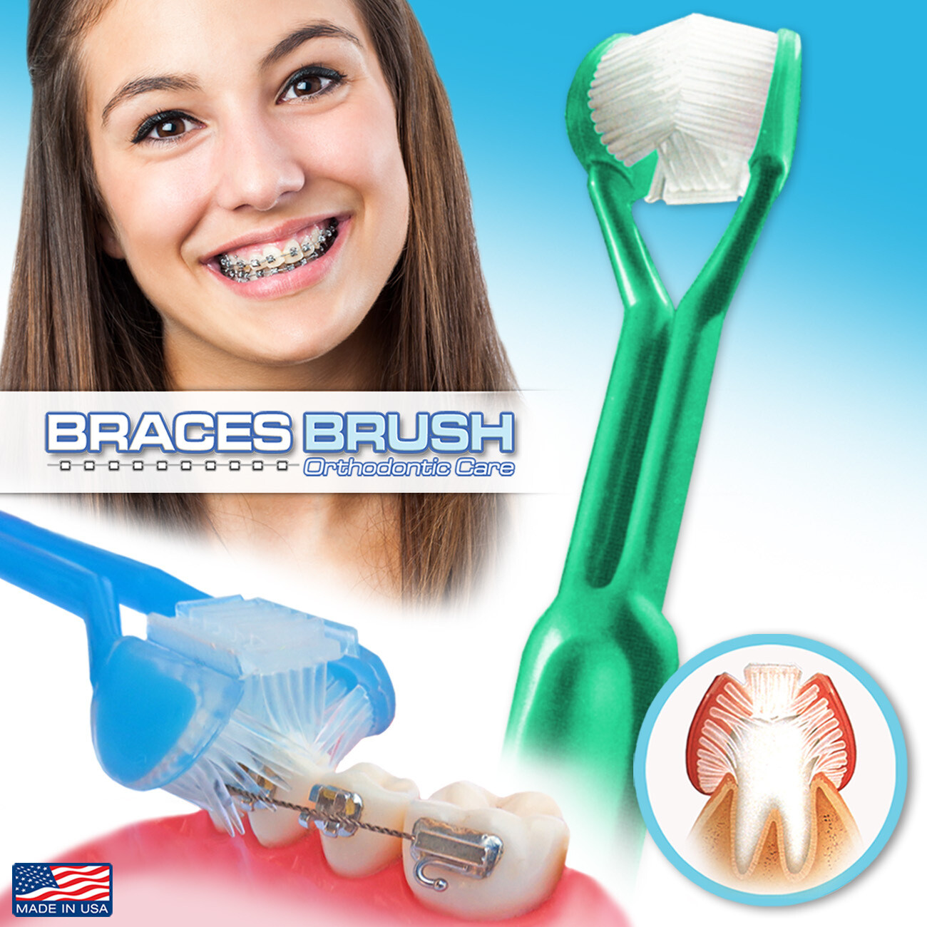 DenTrust 3-Sided Braces Brush | The Only Toothbrush Clinically Proven to Remove More Plaque Around Bracket's & Orthodontic's | Tongue Scraper for Fresh Breath | MADE IN USA