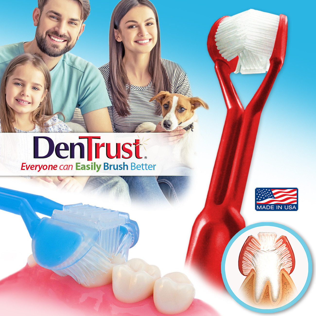 DenTrust: The Only Child-Safe 3-SIDED Toothbrush | Made in USA | Clinically Proven to Prevent Gum Disease & Gingivitis | Complete Clean + Tongue Scraper | Triple Whitening Soft Brush Head Fresh Breath