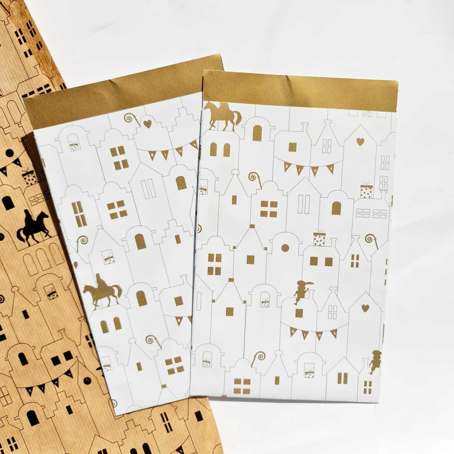 Kado inpakzakjes Sinterklaas huisjes goud 4 STKS