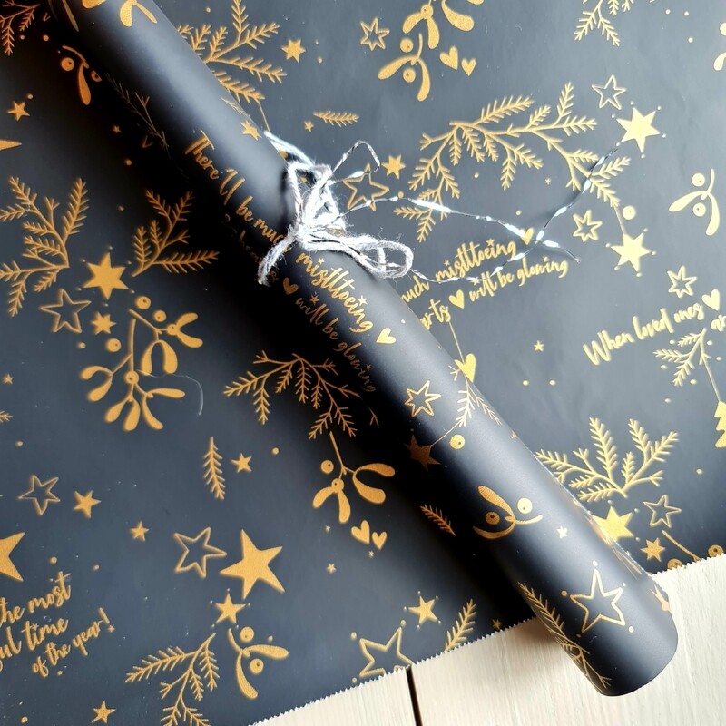 Kado inpakpapier Kerst Zwart Goud 30x100