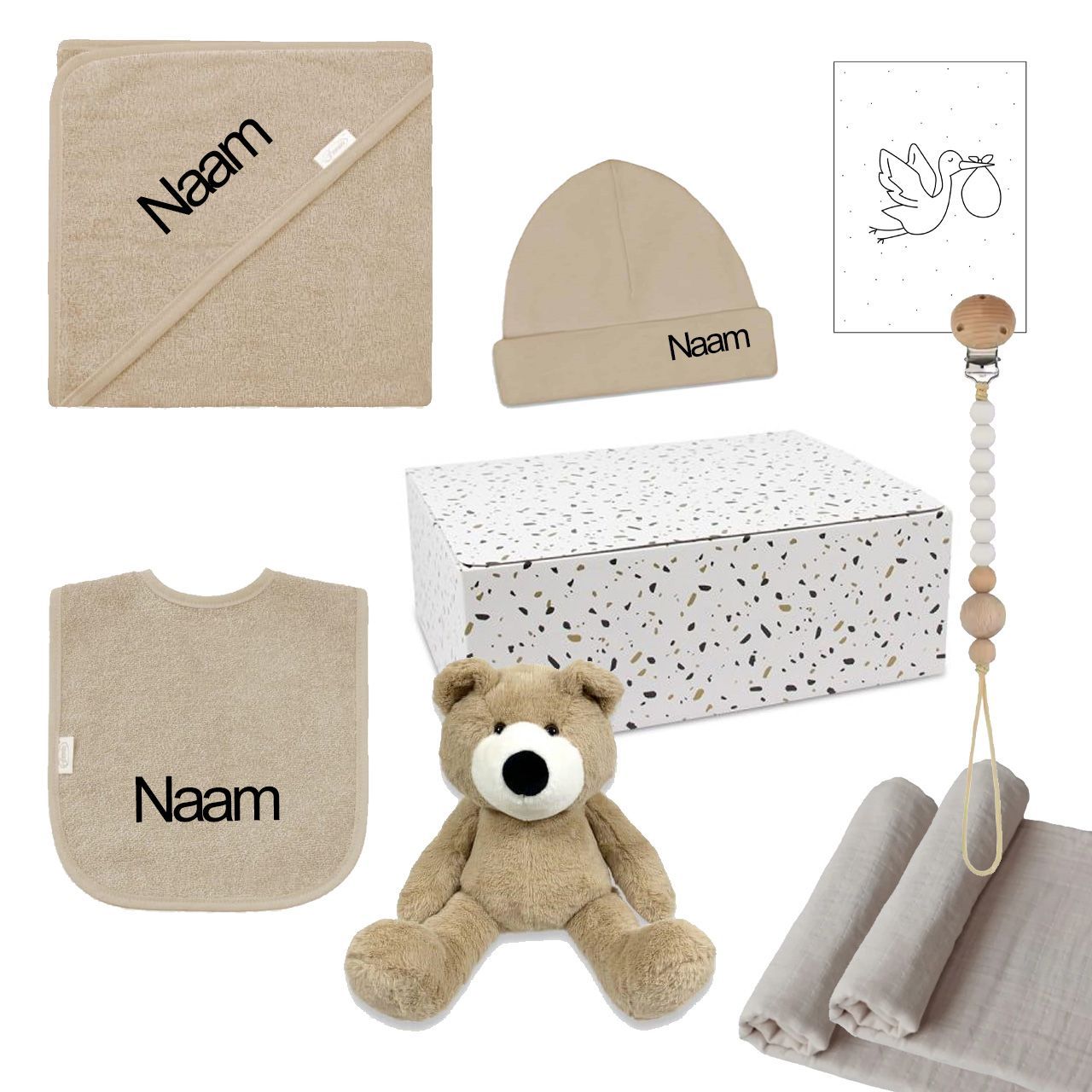 Babybox geborduurd met naam, kraamcadeau