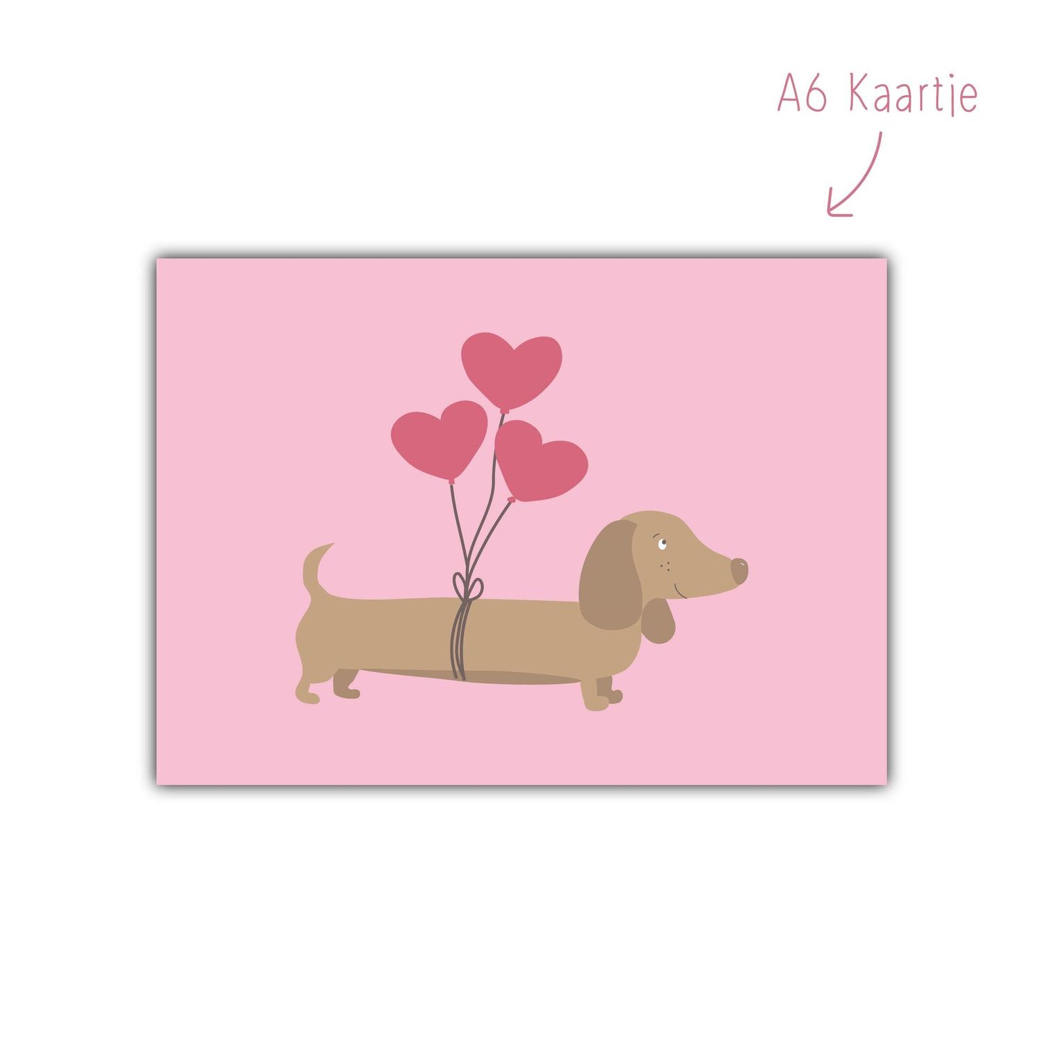 Kaart teckel hartjes ballonen roze