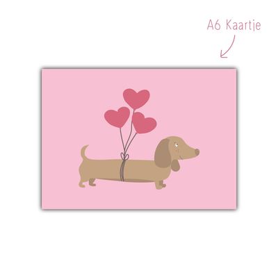 Kaart teckel hartjes ballonen roze Kaart teckel hartjes ballonen roze