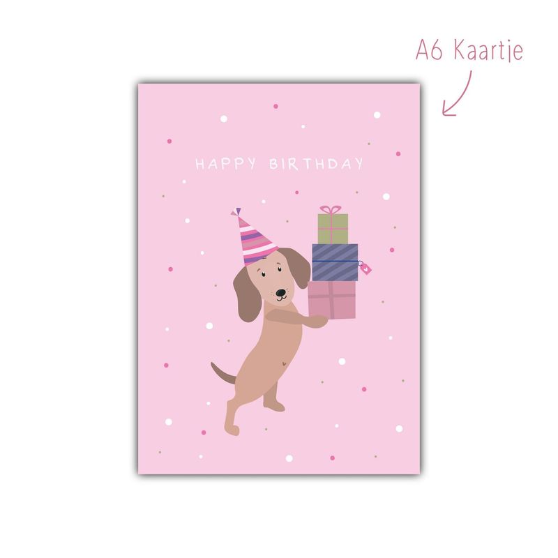 Kaart teckel staand verjaardag roze Kaart teckel staand verjaardag roze
