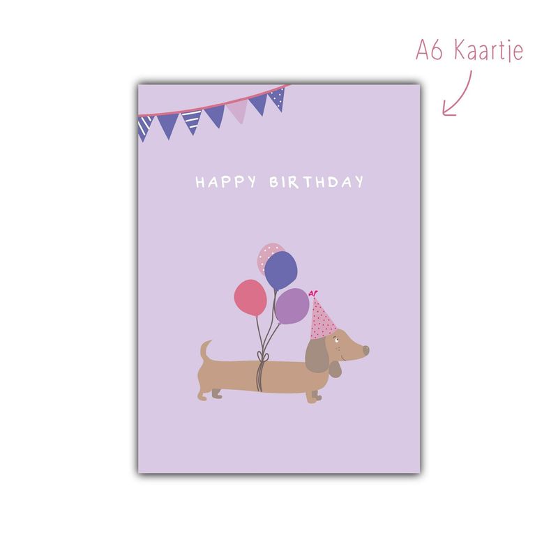 Kaart teckel jarig ballonnen paars Kaart teckel jarig ballonnen paars