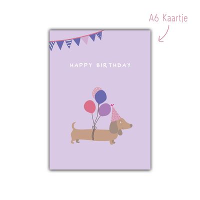 Kaart teckel jarig ballonnen paars Kaart teckel jarig ballonnen paars