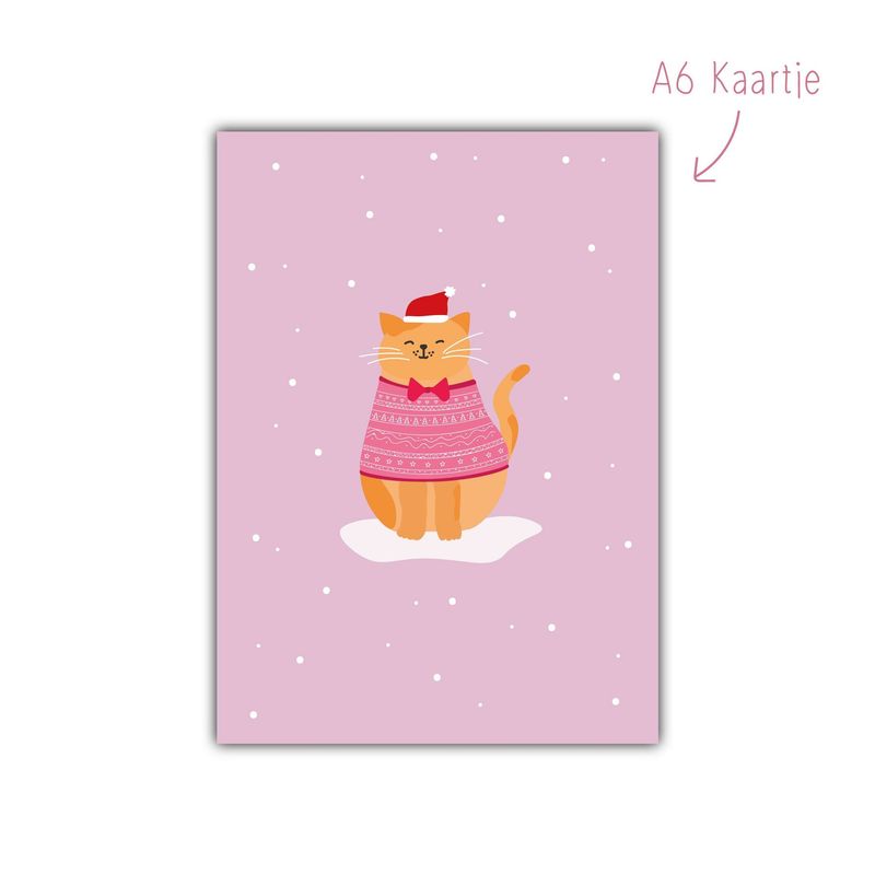 Kaart Kerst Kat roze
