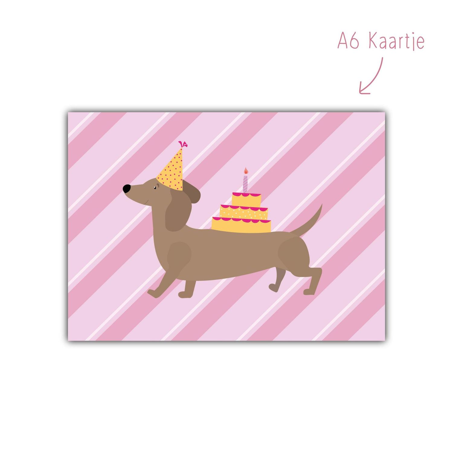 Kaart teckel jarig streepjes roze