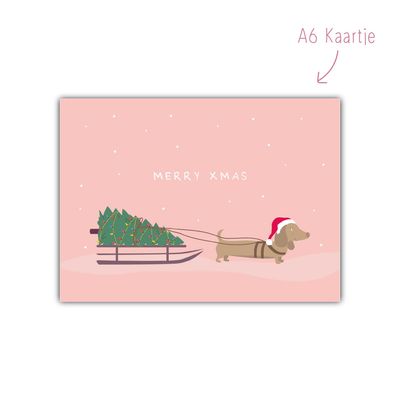 Kaart Teckel Kerst slee roze Kaart Teckel Kerst slee roze