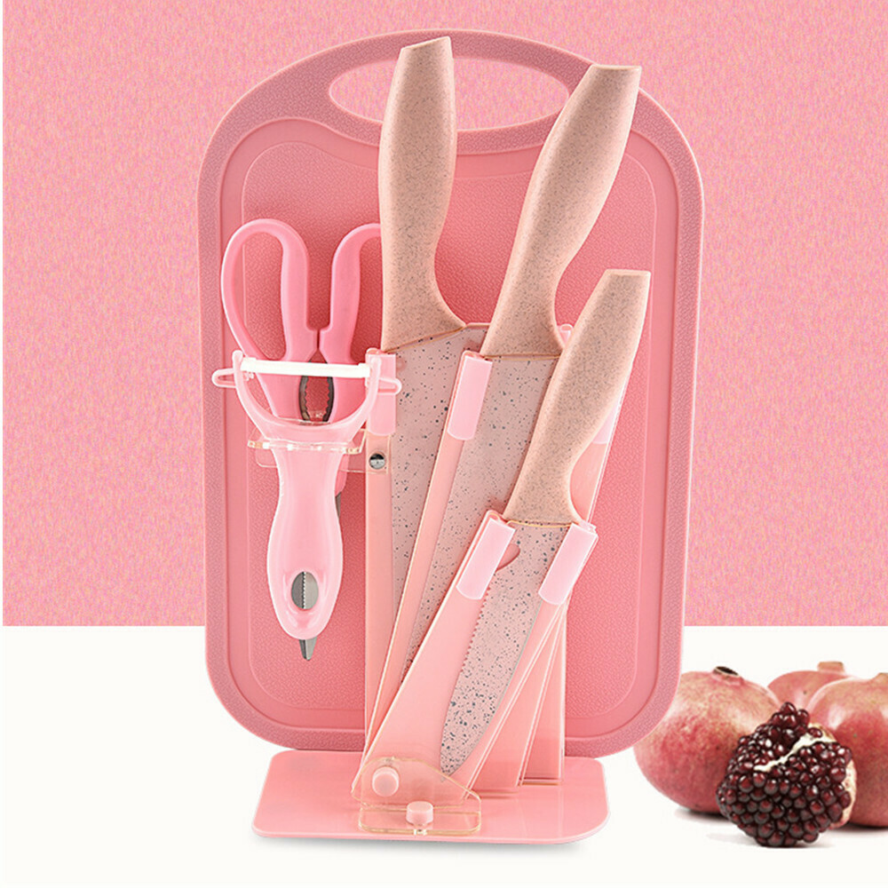 7-Piece Wheat Straw Kitchen Knife With Cutting Board Set Pink