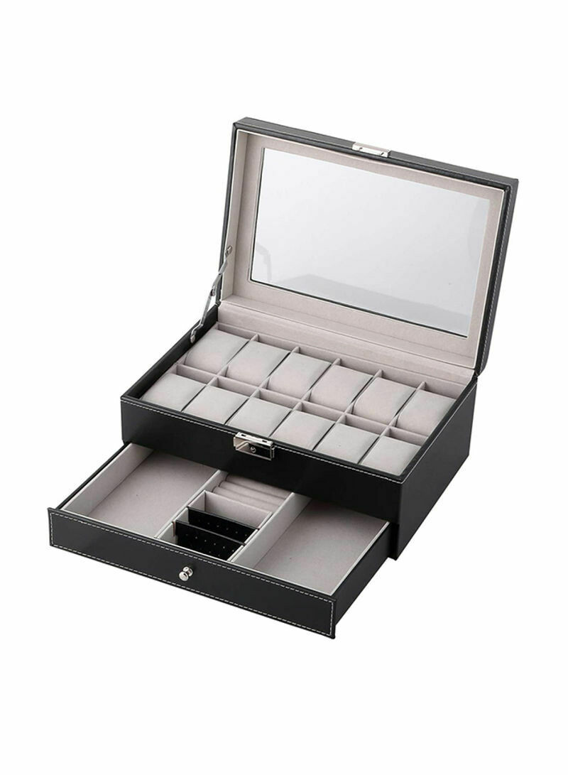 12 Slots Watch Case Organizer With Jewelry Drawer Black