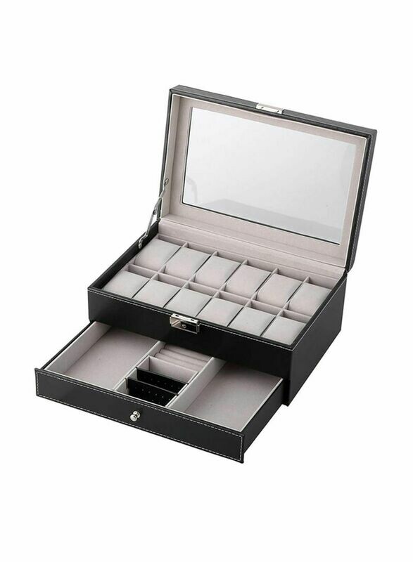 12 Slots Watch Case Organizer With Jewelry Drawer Black