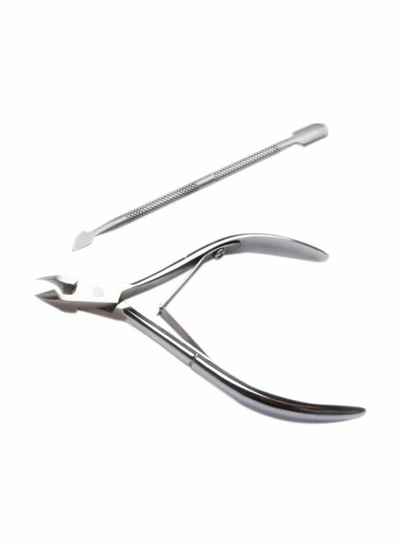 2-Piece Cuticle Pusher With Nail Clippers Silver