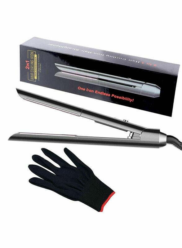 2 in 1 Hair Curler Flat Iron Straightener With Glove Black