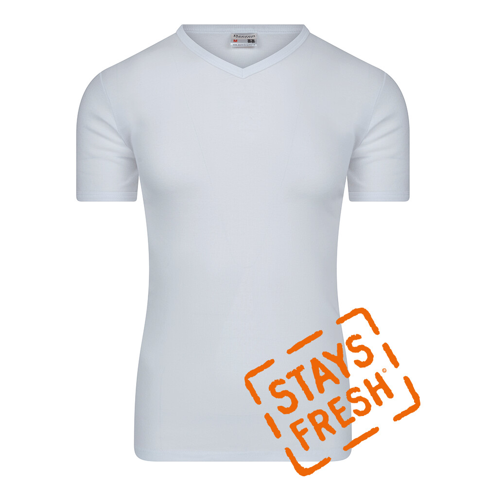 (11-402) Heren T-shirt V-hals Stays-Fresh wit XXL
