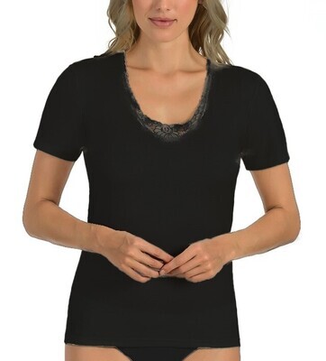 (3001)Entex dames onderblouse korte mouw zwart 10% wol met kant