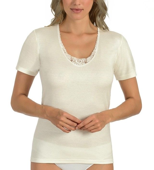 (2001)Entex dames onderblouse 10% wol korte mouw met kant